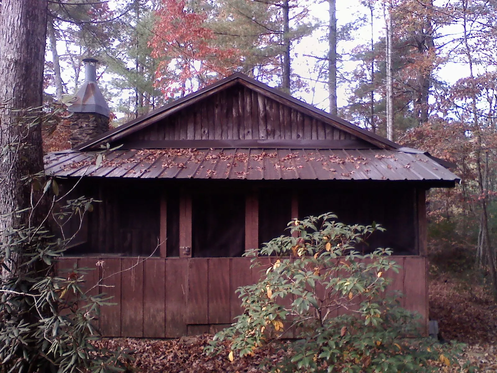 Metal roof over the screened porch of a rustic cabin in Llano